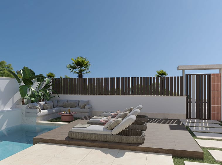 Outdoor pool, entrance and lounge